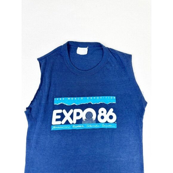 Vintage 1986 World Exposition Canada T-Shirt Blue Sleeveless Single Stitch - Picture 1 of 7